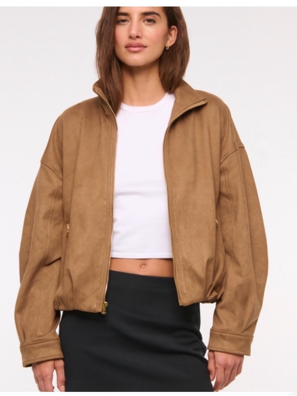 Abercrombie & Fitch women’s bubble hem vegan suede bomber Jacket Toasted Taupe